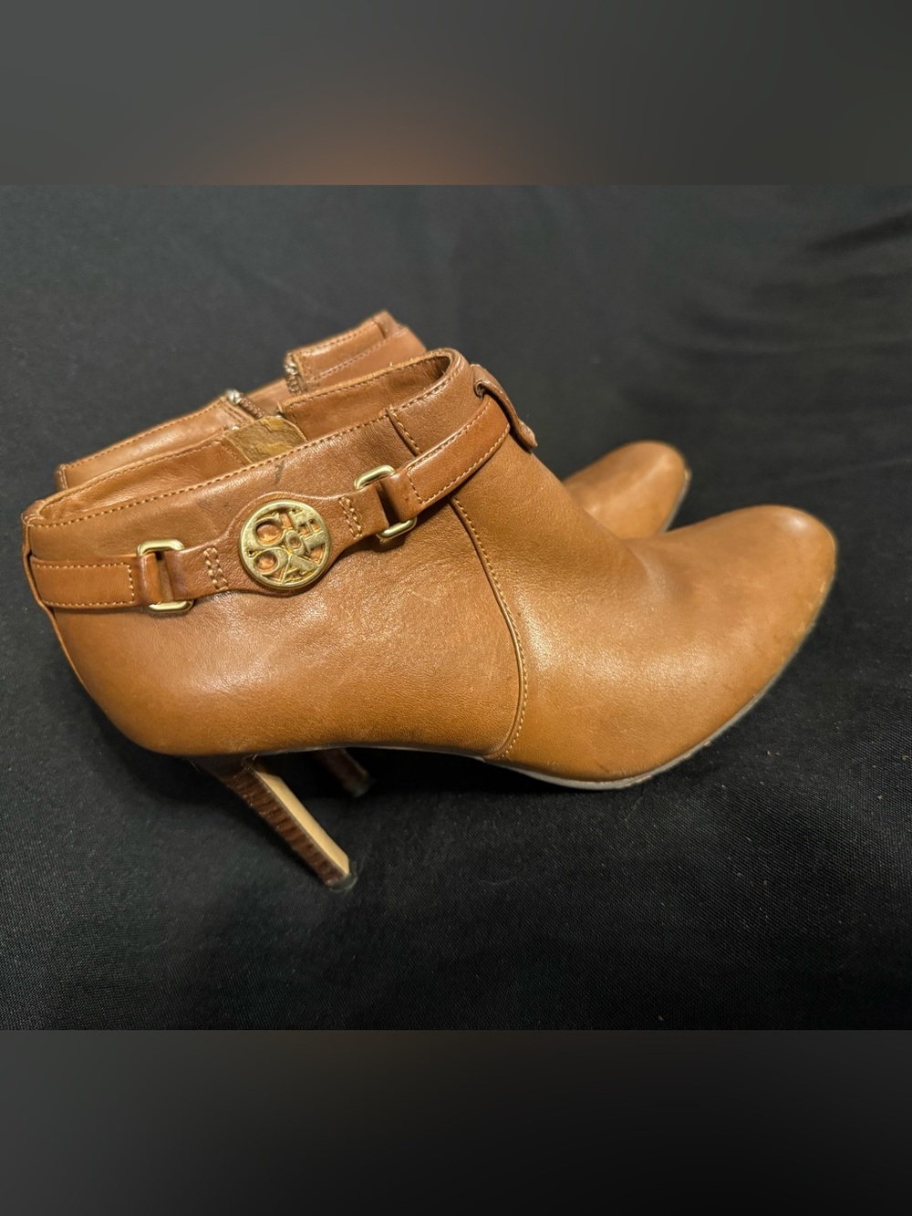Coach Women's Tan Leather Ankle Boots with Gold Accent